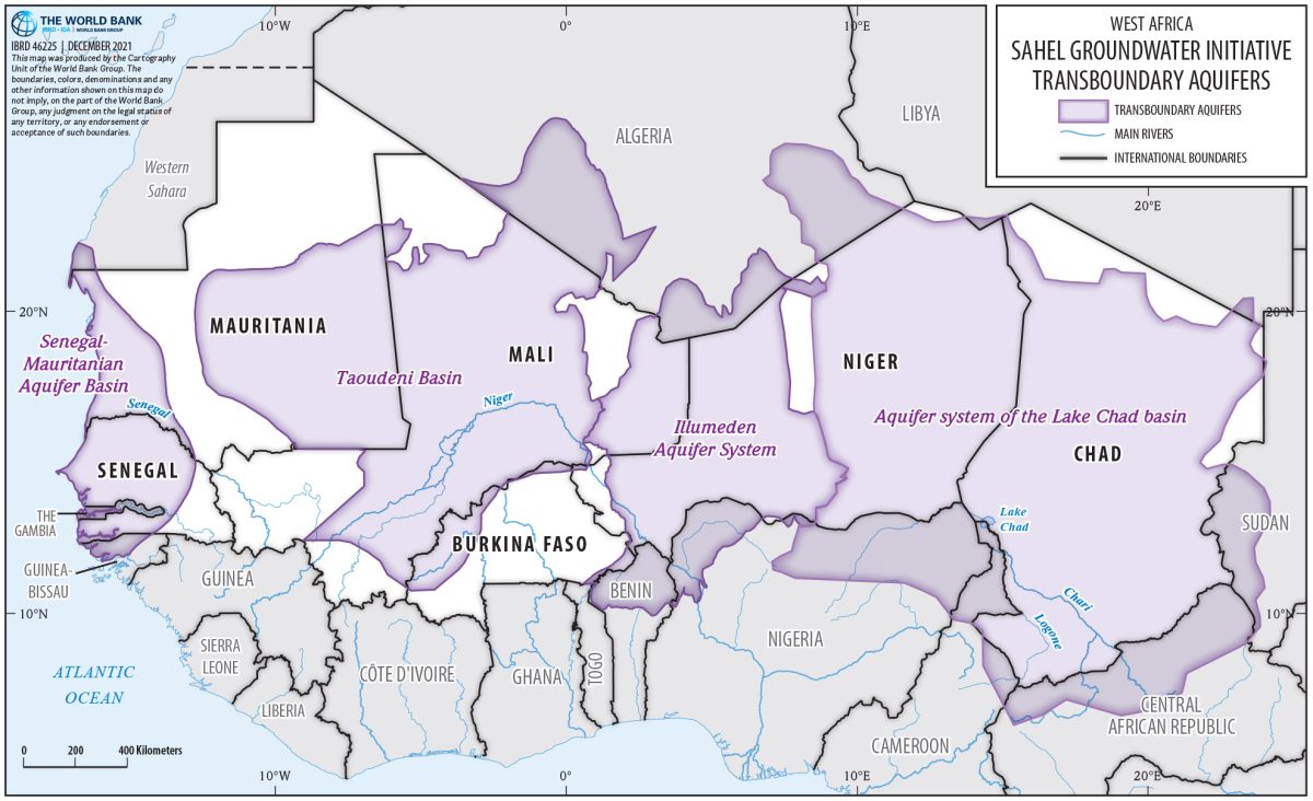 A map showing all the transboundary aquifers in the Sahel region.