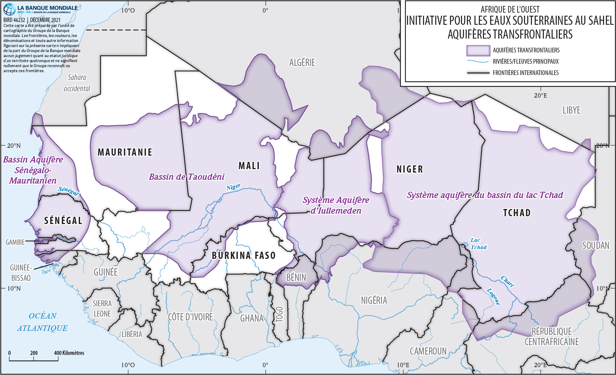 Carte des aquifères transfrontaliers de la région du Sahel. Crédits carte : Banque mondiale/Service de cartographie